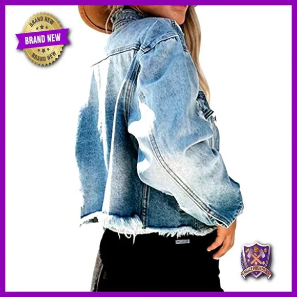 Cropped Distressed Denim Jacket Vintage Frayed Hem Oversized Boyfriend Fit